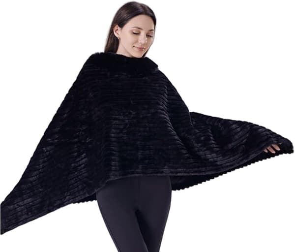 Poncho-cape för kvinnor med fuskpälskrage, pullover-sjal i polyester för vintern