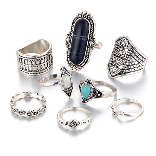 8 st Bohemian Ring Set snidad diamant inlagd Retro fingerring för dagligt bruk