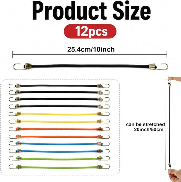 12-pak 25 cm mini elastiksnore med kroge, elastiske stropper til camping
