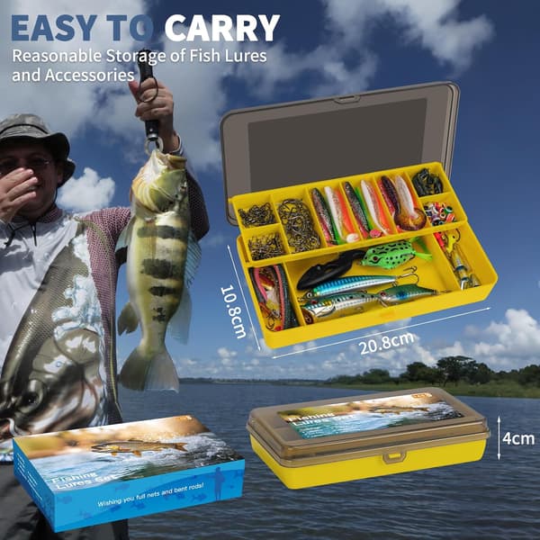 Fiskegrejssæt med crankbaits, kroge, jigs, lodder, tænger og grejkasse