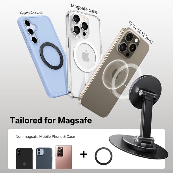 Magnetiskt telefonstativ, 360° roterbart justerbart hopfällbart bordsstativ svart