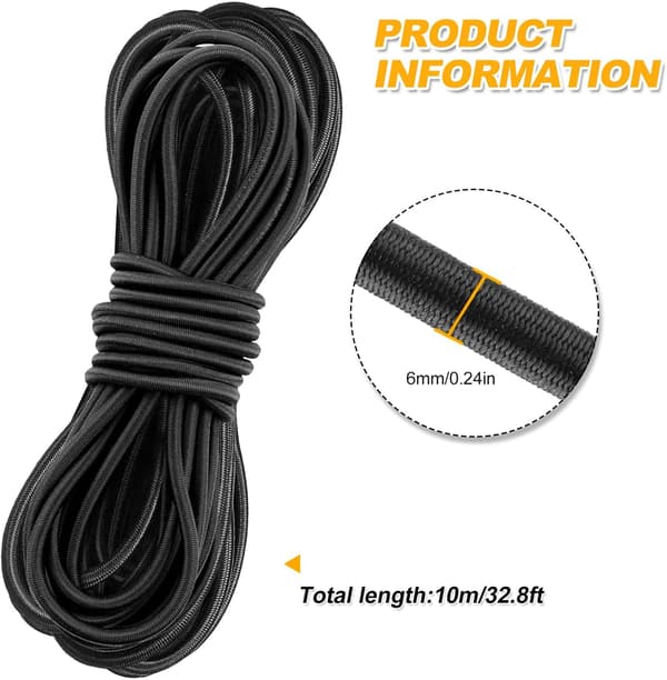 6 mm x 10 m sort elastisk bungee-snor, elastikreb til camping- og teltudstyr