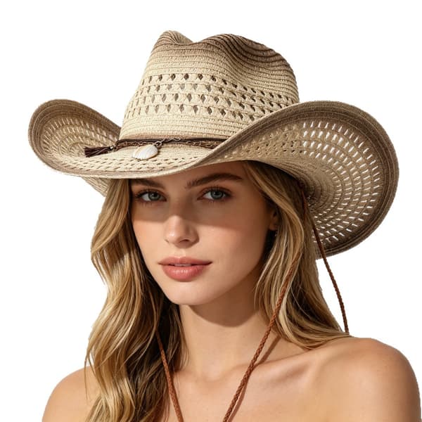 Vit stråcowboyhatt för kvinnor med bred brätte, sommarsolhatt