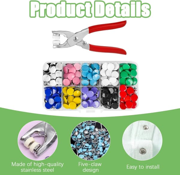 100 set 9,5 mm tryckknappar med tång, sömnadsfritt kit för kläder och pyssel
