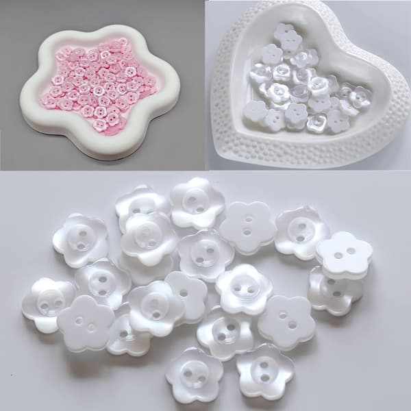 100 stk. blomsterknapper til sying, 2-hulls rosa og hvite knapper til babycardigans