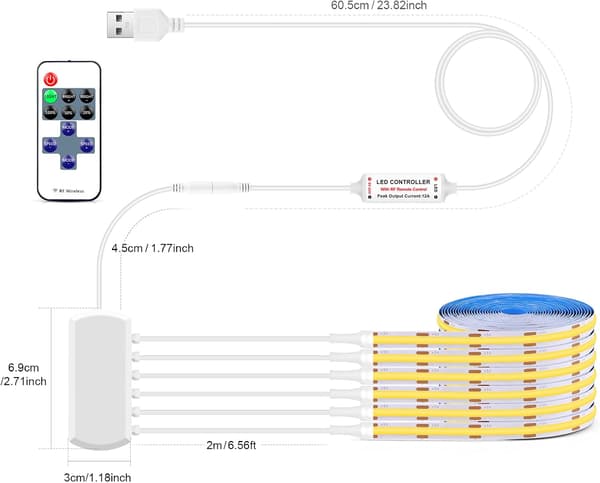 6 stk 1M COB LED-lysstriper 5V USB varmhvit med fjernkontroll og dimmer CRI85+ sett
