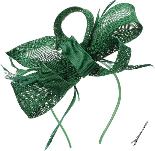Grøn sløjfe-fjer-fascinatorhat med hårklemme til bryllupper og fester