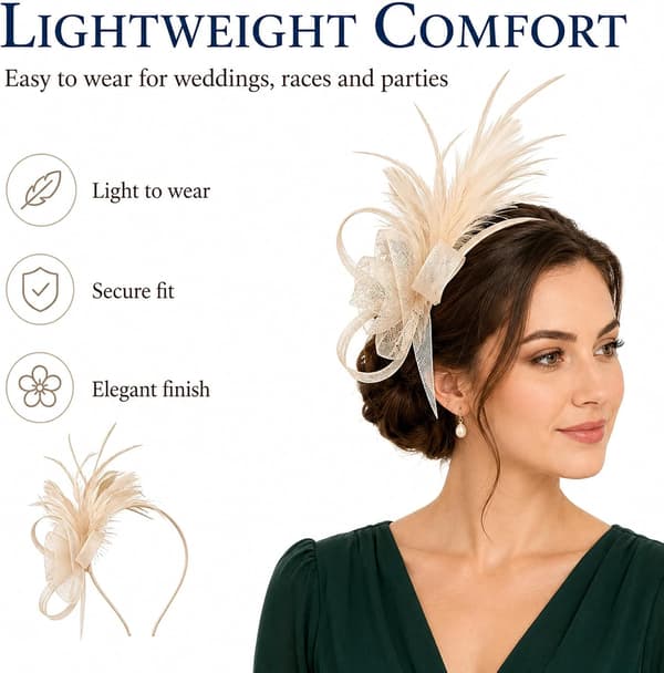 Fascinator-hatt med fjær og tyll, avtakbart hodebånd og klemme for kvinner