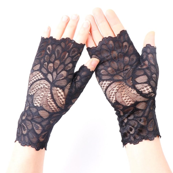 Half Finger Short Gloves Clubwear Elegant Floral Gloves Black