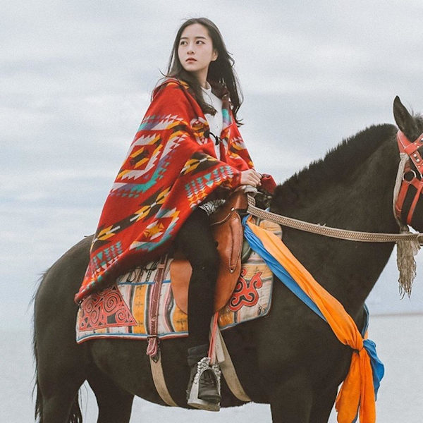 Färgglad Geometrisk Pashmina Sjal Wrap Tjock Varm Poncho Öppen Front Cape med Tofs för Dam