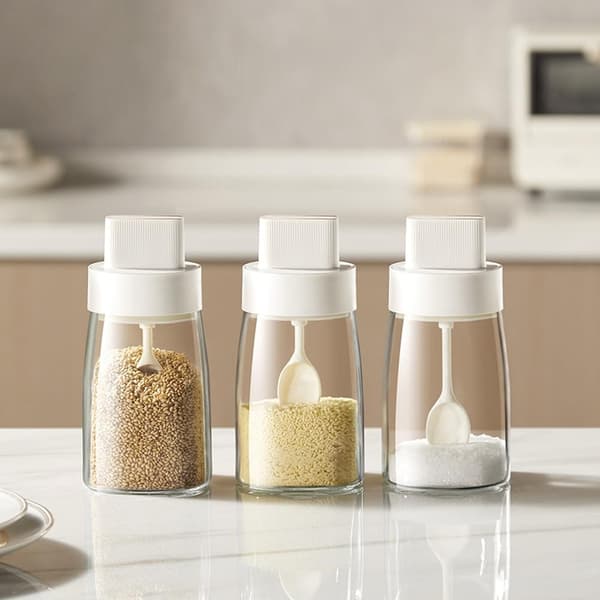 3-pack 230 ml kryddburkar i glas med infällbara skedar och lufttäta lock