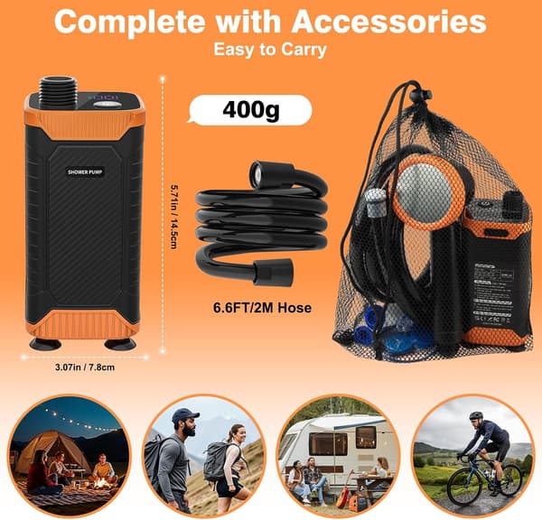 Bærbar campingdusj 8000mAh batteri LED-display 10L/min vannføring IPX8