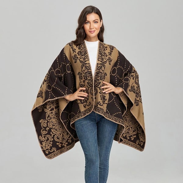 Kvinnors Pashmina Sjal Wrap Vinter Varm fyrkantig Poncho Open Front Cape Etnisk stil