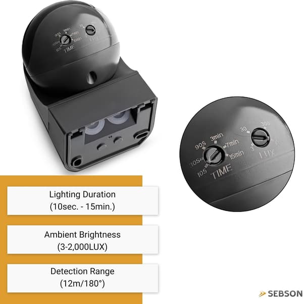 Utomhus PIR-rörelsesensor, 12 m räckvidd, 180° detektering, IP44, 220-240V, LED