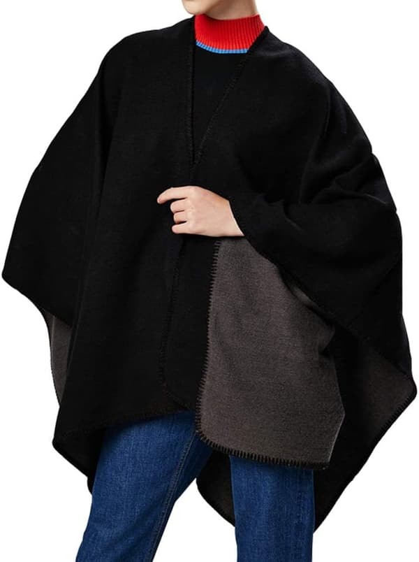 Strikket poncho-sjal til kvinder, vendbar cape med åben front til vinter