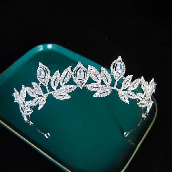 Silver Leaf Tiara Rhinestone Crown Bröllop Crown Diamond Headpiece smycken