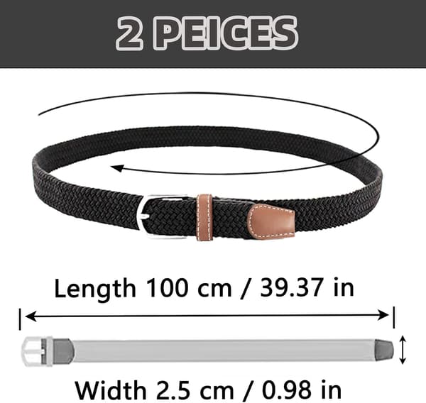 2-pack elastiska flätade bälten svarta stretchiga midjebälten för män och kvinnor