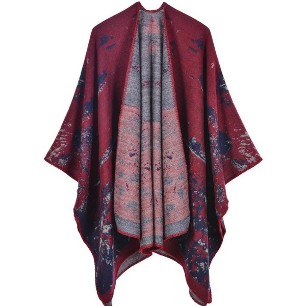 Western Style Röd Pashmina Sjal Wrap Tjock Varm Poncho Öppen Front Cape för Dam