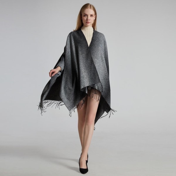Grå fransad fåll Pashmina Sjal Wrap Tjocka Varm Poncho Öppen Front Cape for Lady
