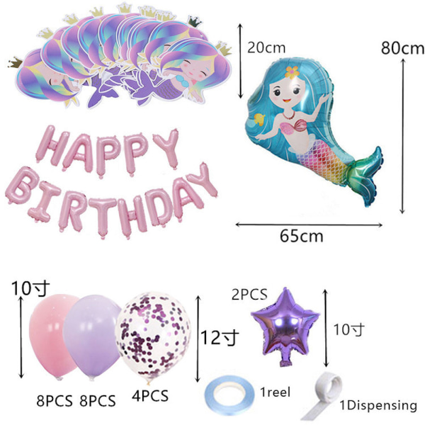 Sjöjungfrur Grattis på födelsedagen ballonger med Banner Cake Topper Latex ballongset set