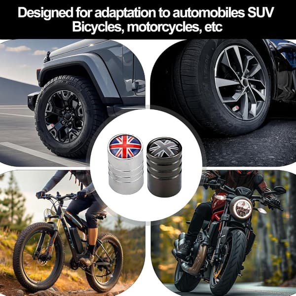 8 stk. Union Jack dækventilhætter, støvhætter i legering til biler og motorcykler