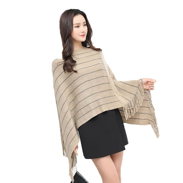 Stripe Loose Elegant Poncho Elegant Pullover Wrap med Tofs Virkad Tröja Kappa för Dam