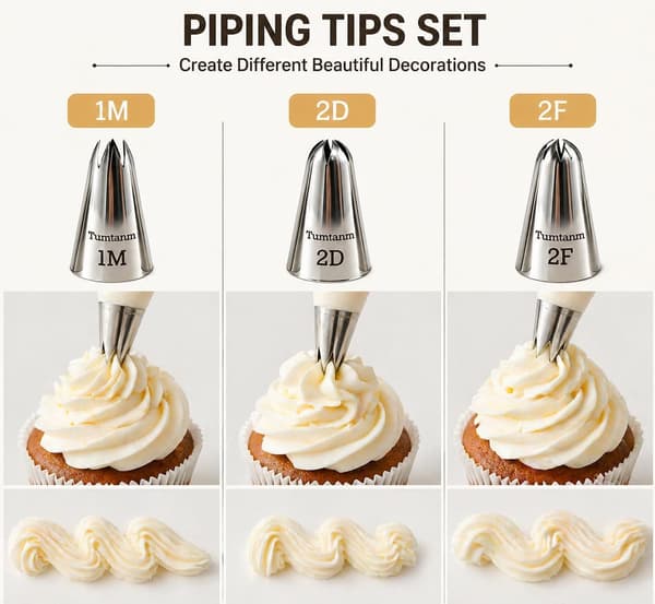 3 stk. store sprøjtetudser, stål-glasurtudser til dekoration af cupcakes og kager