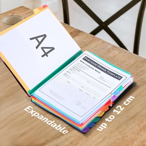 Expanderbar dokumentmapp med 12 fack i A4-storlek med elastiskt band