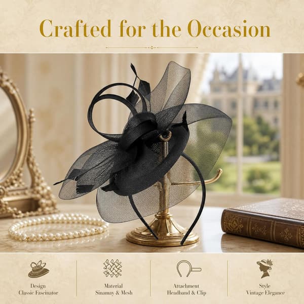 Sort fascinator-hat til kvinder, fjer- og blomsterhårbøjle med clips til bryllupper