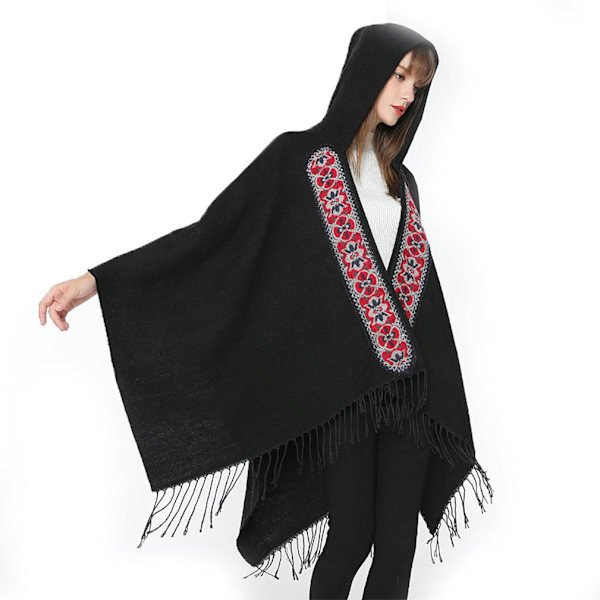 Hoodie Warm Cape Fringed Hem Poncho  Open Front Coat for Lady Autumn Winter