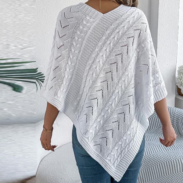Kabelstickad ponchotröja för kvinnor med V-ringning, lätt sjal, cape och pullover