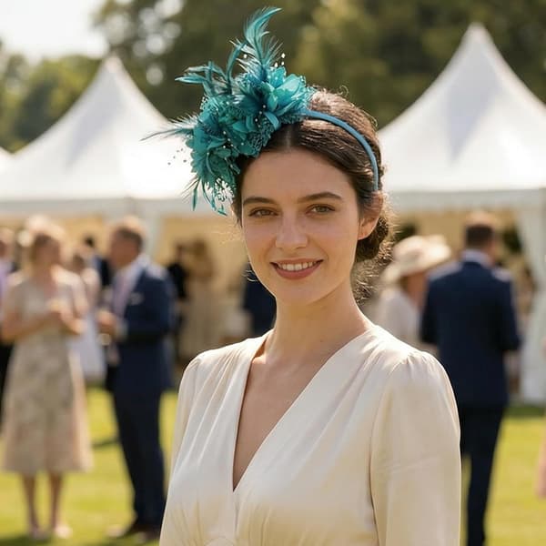 Påfugleblåt fascinator-hårbånd med fjer og mesh-blomster til bryllupper