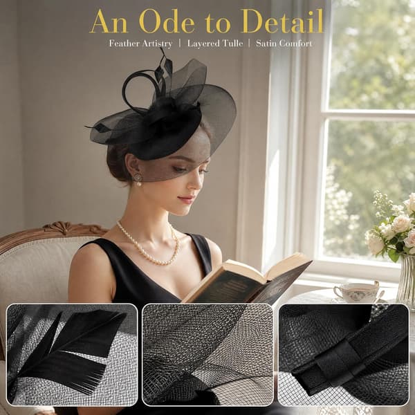 Sort fascinator-hat til kvinder, fjer- og blomsterhårbøjle med clips til bryllupper