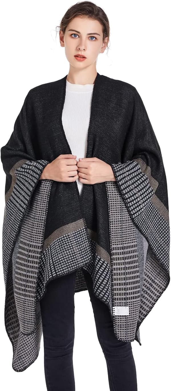 Stickad poncho-sjal för dam, oversized, varm cape-kofta med öppen front