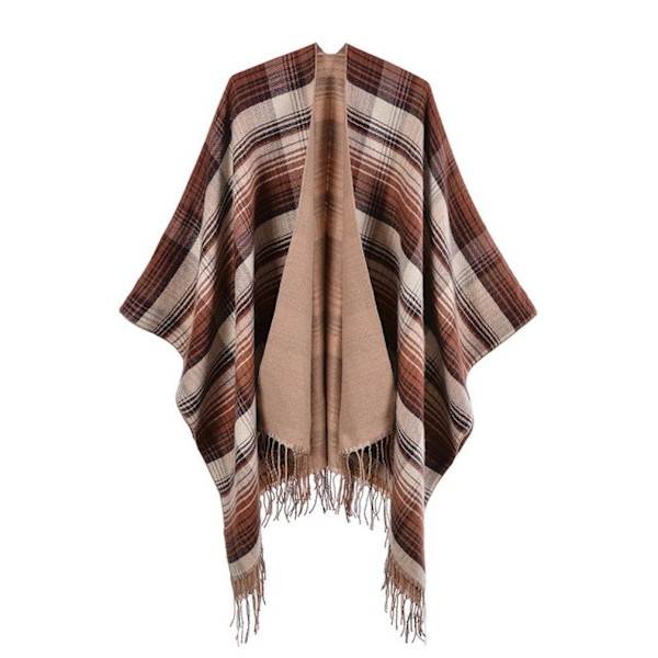 Rutig fransfåll Pashmina Sjal Wrap Tjocka Varm Poncho Öppen Front Cape for Lady