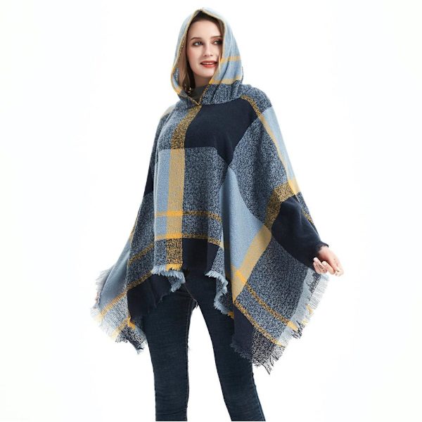Spring Autumn Rutig Pullover Hoodie Cape med tofs lös Poncho för Lady