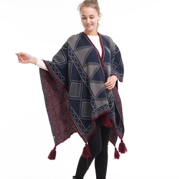 Geometriskt mönster Cape Thicken Poncho med tofs stickning kofta för dam