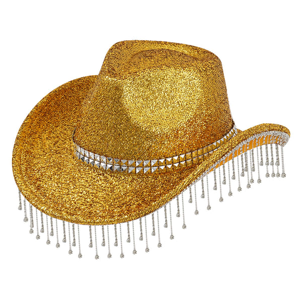 Kultainen kimalteleva cowboyhattu strassihapsuilla juhlakäyttöön
