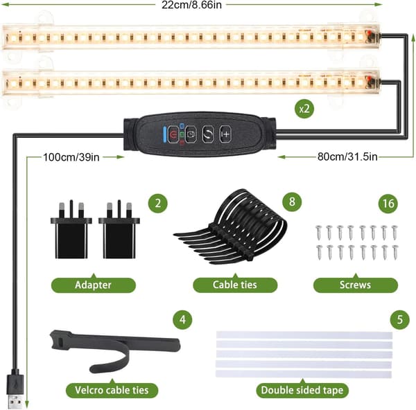 2-pak 22 cm LED-vækstlysstrips fuldspektrum 3500K timer dæmpbar lampe