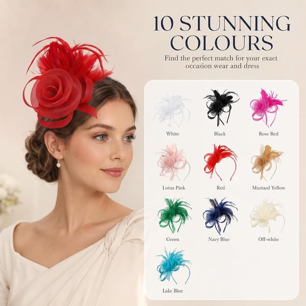 Rød fascinator-hat til kvinder med fjer, net og blomst, hårbøjle og klemme til bryllupper