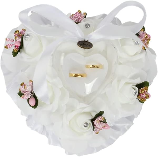 Hjerteformet bryllupsringpute med roseblomster og gjennomsiktig ringholder