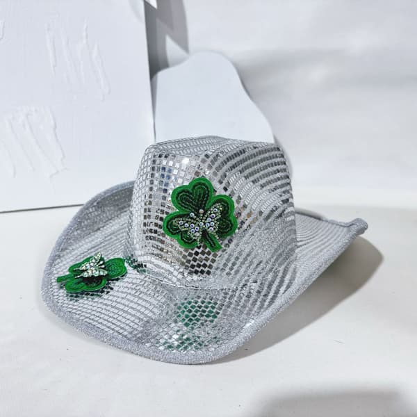Sølv Paillet Cowboyhat med Shamrock til St. Patrick's Day