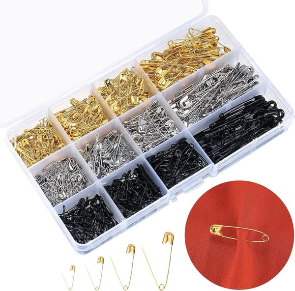 540 st säkerhetsnålar, blandade storlekar, svart, silver, guld, set i legering
