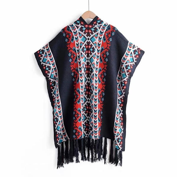 Höst Vinter Sjal Wrap Tjock Poncho Batwing Blus med Tofs för Dam