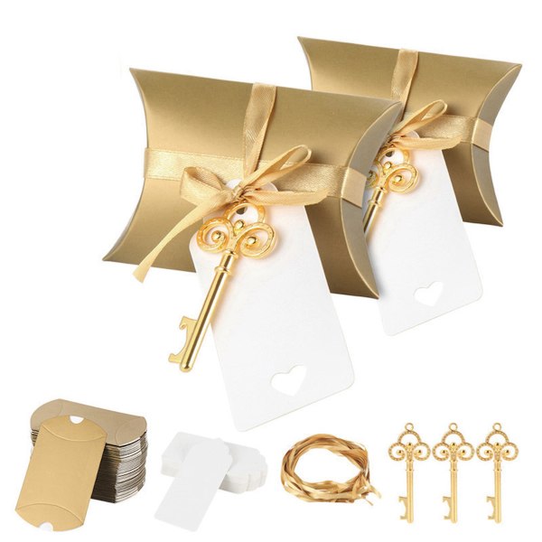 50 st uppsättningar guld kudde godis lådor favor box med flasköppnare rep och tagg