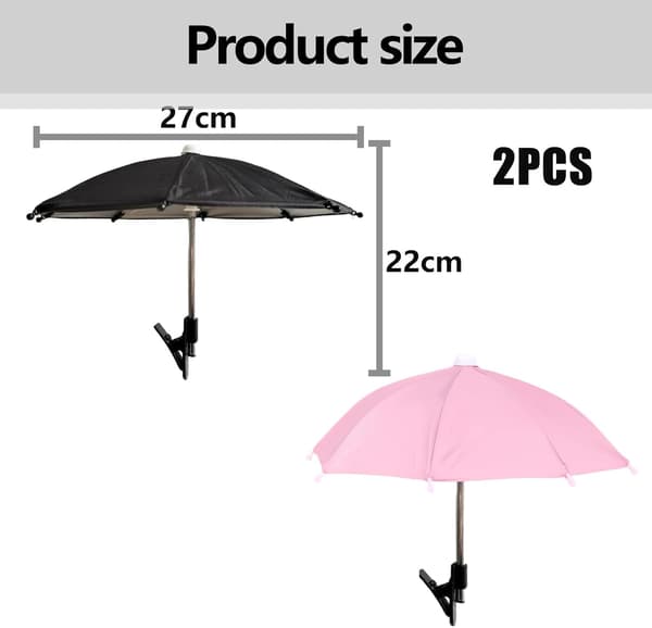 2 stk. Clip-on paraply til mobiltelefon, foldbar og justerbar, sort og pink