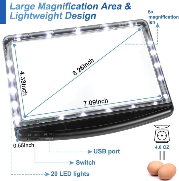 6X Genopladeligt Full-Page Forstørrelsesglas med 20 Dæmpbare LED-lys