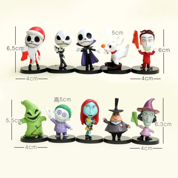 10 st mardrömmar före julfigurer PVC Halloween karaktärsdisplay set 6 cm hög