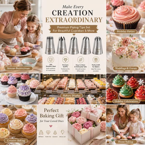 5-pakning ekstra store sprøytetipper, kakedekoreringstupper i rustfritt stål for cupcakes