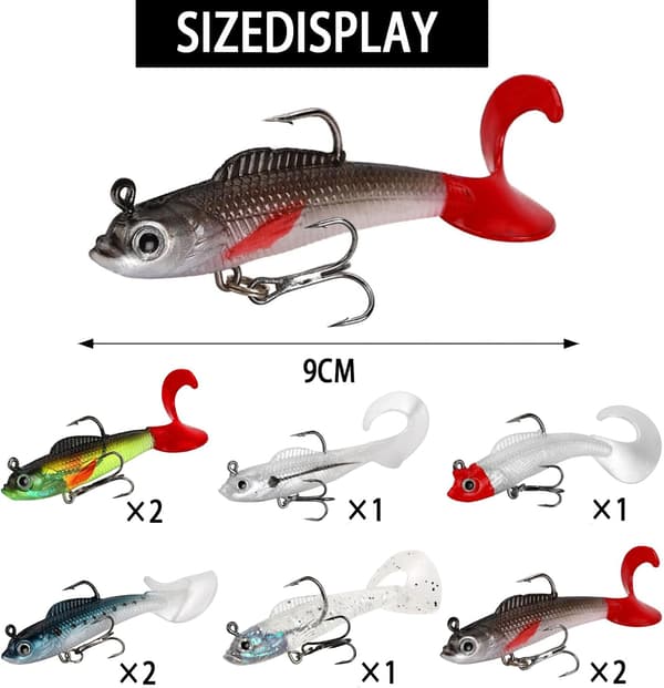 9 stk. geddefiskeagn bløde swimbaits til aborre, ørred, aborre og havfiskeri